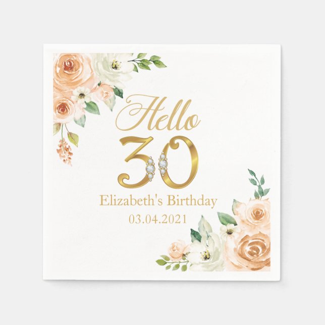 Hello 30 Diamonds & gold Birthday Napkin (Front)