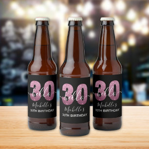 Hello 30! Modern 30th birthday Pink glitter Beer Bottle Label