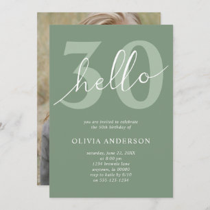 Hello 30   Modern Sage Green 30th Birthday Photo Invitation