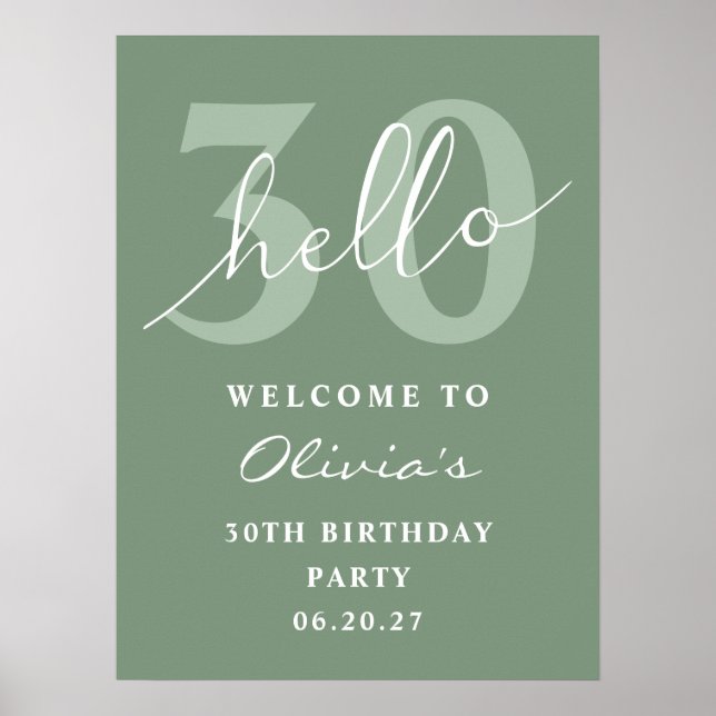 Hello 30 Modern Simple Sage Green Birthday Welcome Poster (Front)