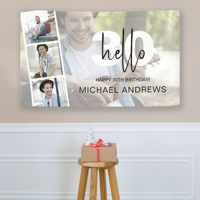 Hello 30 | Unisex | Photo Collage | Birthday Party Banner (Creator Uploaded)