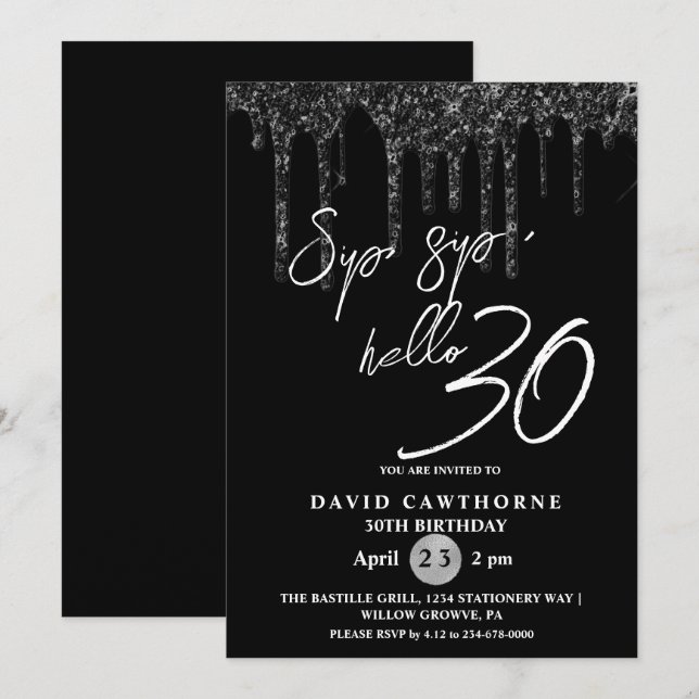 Hello 30th Black Glitter Birthday Party Invitation (Front/Back)