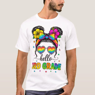 Hello 3Rd Grade Messy Bun First Day Of School  T-Shirt