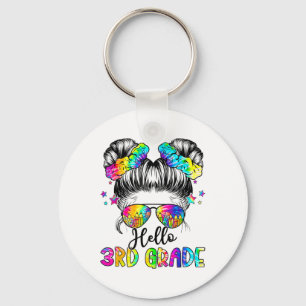Hello 3rd Grade Messy Hair Bun Girl Back To School Key Ring