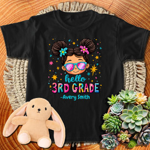 Hello 3rd Grade Messy Hair Bun Girl Back To School T-Shirt