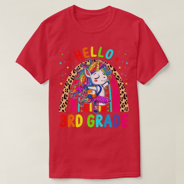 Hello 3rd Grade Unicorn Leopard Rainbow Back To Sc T-Shirt (Design Front)