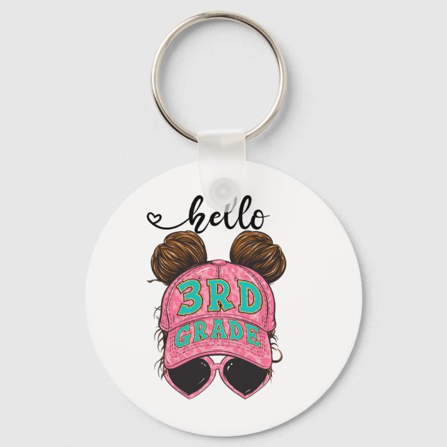 Hello 3rd Third Grade Messy Bun Hair Ck To School  Key Ring (Front)