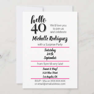 Hello 40 - 40th Birthday Modern Pink & Black Party Invitation
