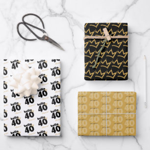 Hello 40 Black & Gold Wrapping Paper Set of 3