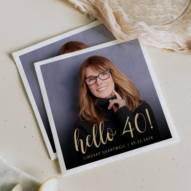 Hello 40 Fortieth Birthday Party Photo Napkin (Creator Uploaded)