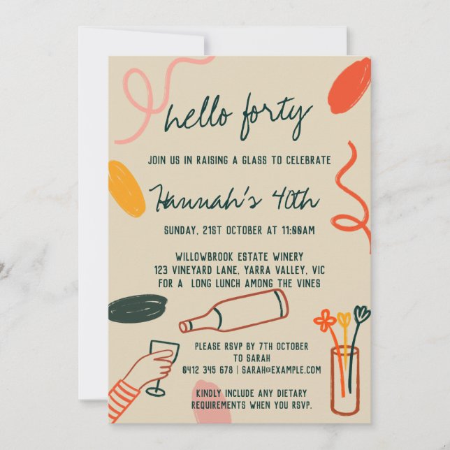 Hello 40 Forty Winery Lunch Birthday   Invitation (Front)