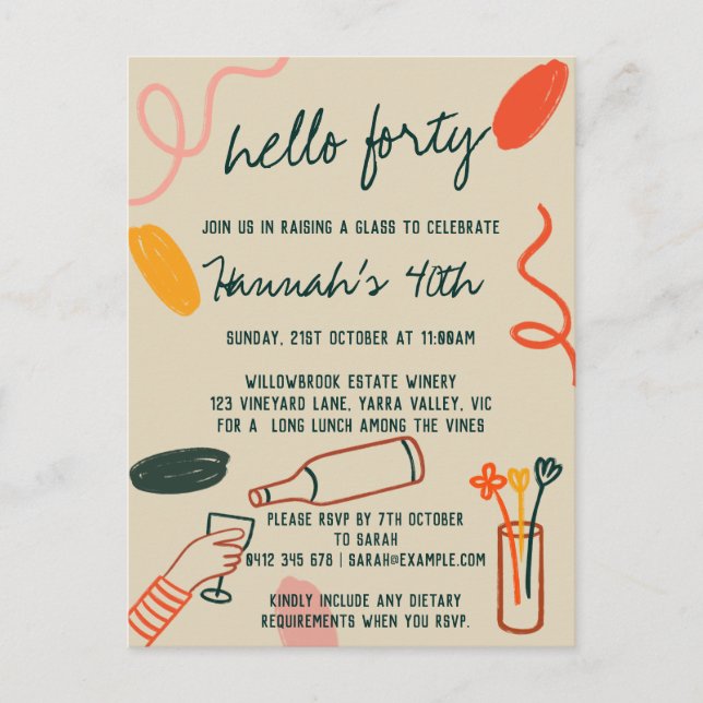 Hello 40 Forty Winery Lunch Birthday   Postcard (Front)
