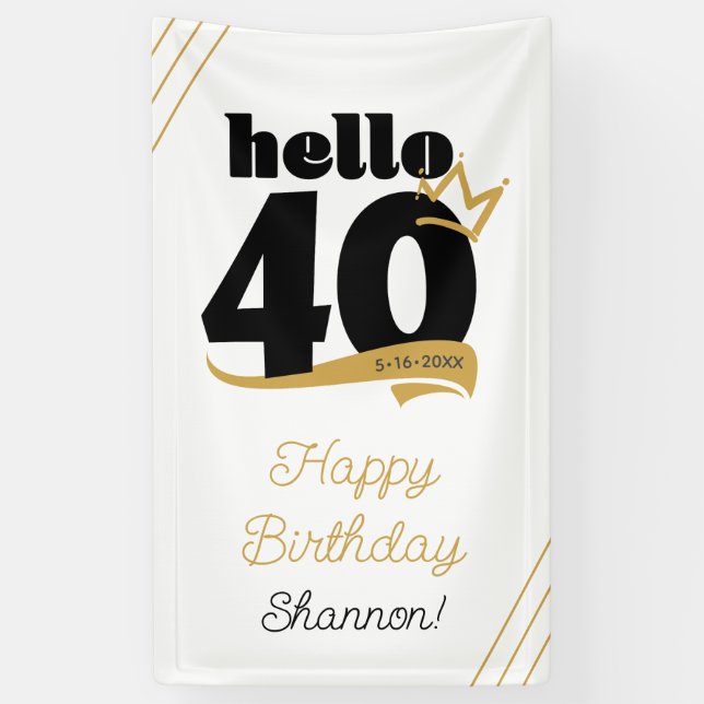 Hello 40 Milestone Birthday Black Gold Crown Banner (Vertical)