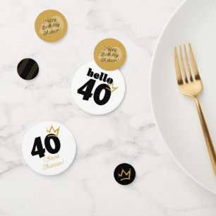 Hello 40 Milestone Birthday Black Gold Crown Confetti