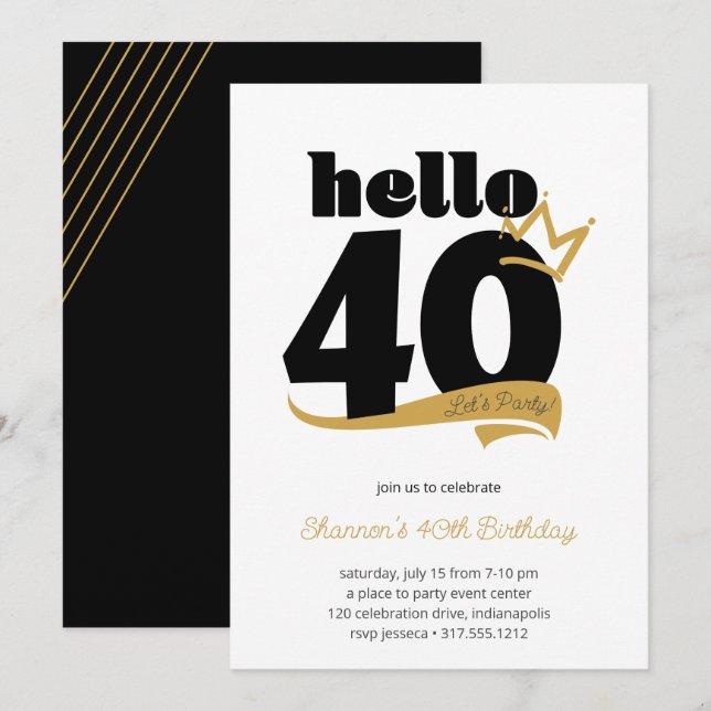 Hello 40 Milestone Birthday Black Gold Crown Invitation (Front/Back)