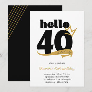 Hello 40 Milestone Birthday Black Gold Crown Invitation