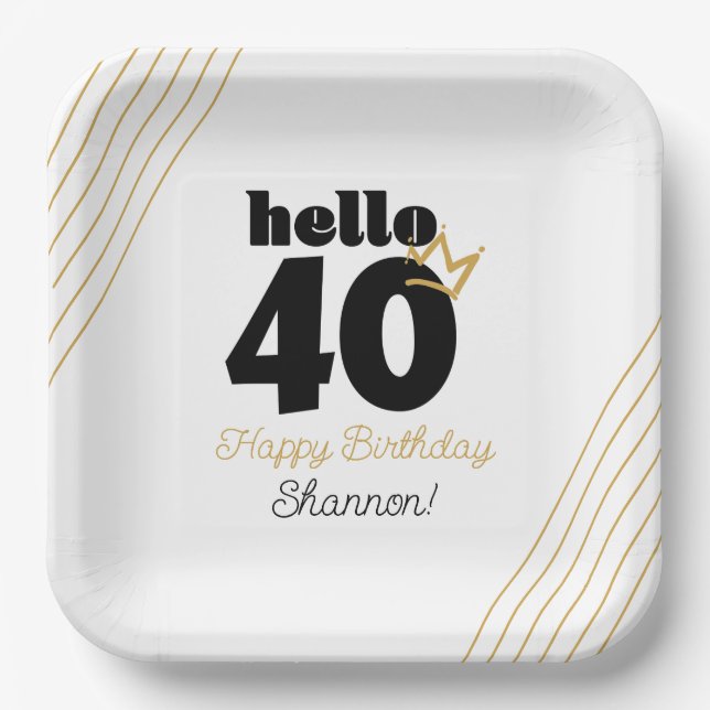 Hello 40 Milestone Birthday Black Gold Crown Paper Plate (Front)
