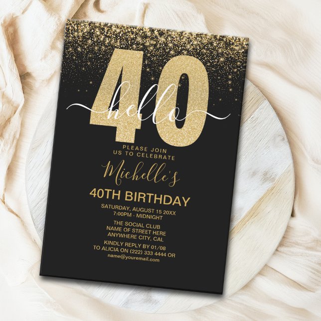 Hello 40! modern 40th birthday with gold glitter invitation (Creator Uploaded)
