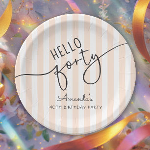 Hello 40 Modern Script Chic 40th Birthday Party Paper Plate