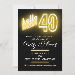 Hello 40 retro neon 40th Birthday Invitation