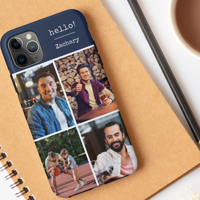 Hello! 4 Photo Collage Dark Blue Personalised Case-Mate iPhone Case (Creator Uploaded)