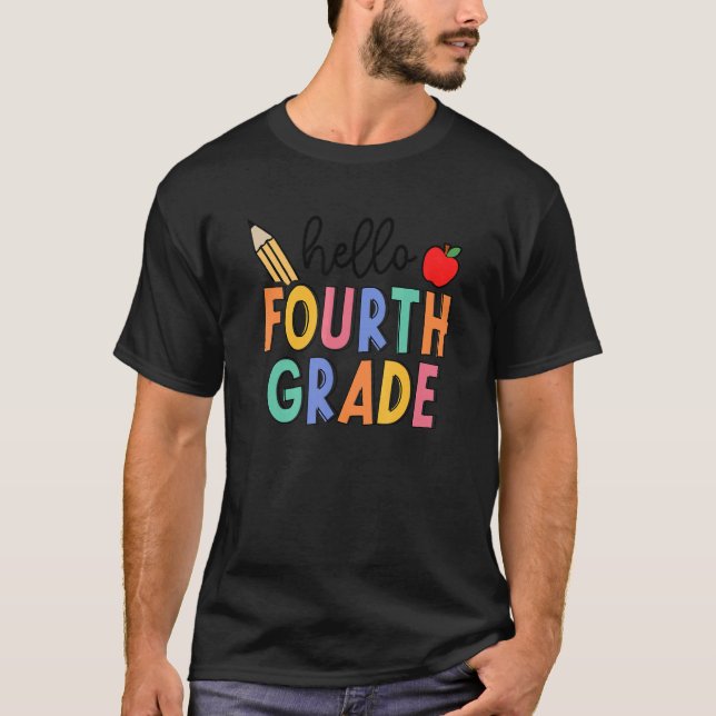 Hello 4th Fourth Grade Teacher Student Apple Back  T-Shirt (Front)
