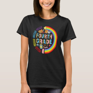 Hello 4th Grade Leopard Back To School Pencil Rain T-Shirt