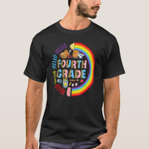 Hello 4th Grade Leopard Back To School Pencil Rain T-Shirt