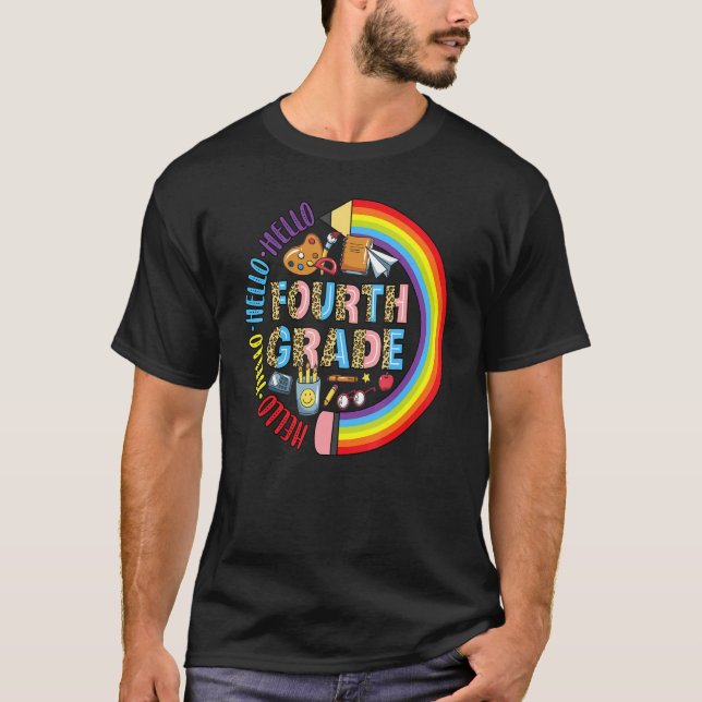 Hello 4th Grade Leopard Back To School Pencil Rain T-Shirt (Front)