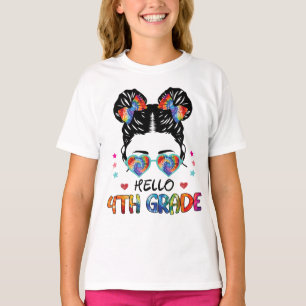 Hello 4th Grade Messy Bun Back To School Girls Kid T-Shirt