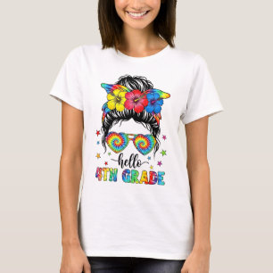 Hello 4th Grade Messy Bun First Day of School T-Shirt
