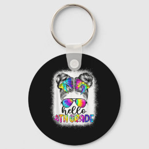 Hello 4th Grade Messy Bun Girl Back To School Tie Key Ring