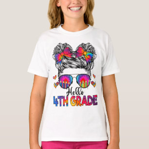 Hello 4th Grade Messy Hair Bun Girl Back To School T-Shirt