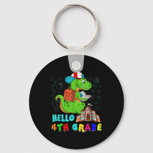Hello 4th Grade T-rex Wearing School Bag Reading B Key Ring