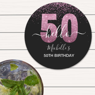 Hello 50! -50th Birthday with Pink glitter Round Paper Coaster
