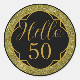 Hello 50 Birthday Black Gold Glitter Classic Round Sticker