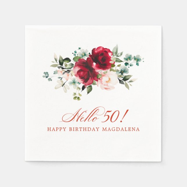 Hello 50 Birthday Party Red Pink Floral Napkin (Front)