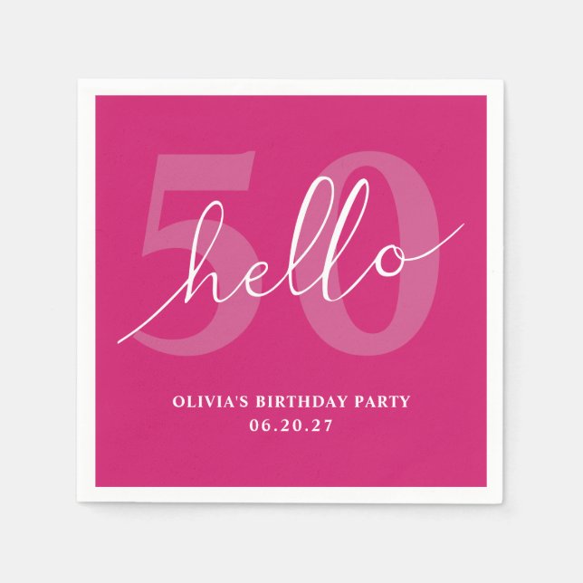 Hello 50 | Bold Hot Pink 50th Birthday Custom Napkin (Front)