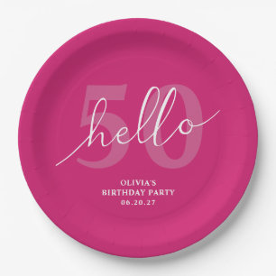 Hello 50 Bold Hot Pink 50th Birthday Custom Paper Plate