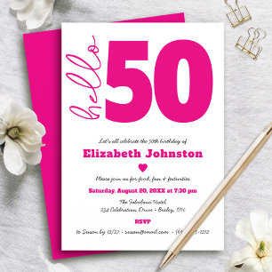 Hello 50 Fabulous Hot Pink on White Bold Birthday Invitation
