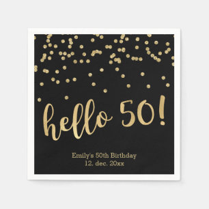 Hello 50 Gold Confetti on Black 50th Birthday Napkin