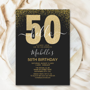 Hello 50! modern 50th birthday with gold glitter invitation