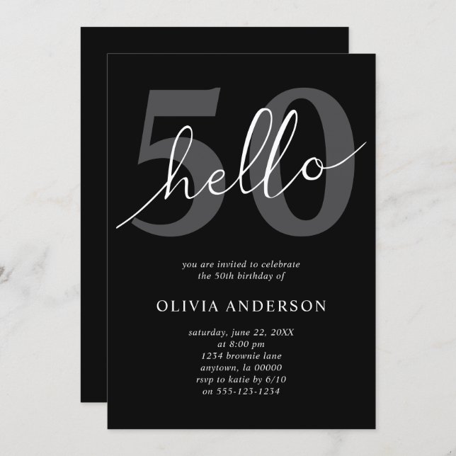Hello 50 | Modern Chic Black 50th Birthday Party Invitation (Front/Back)