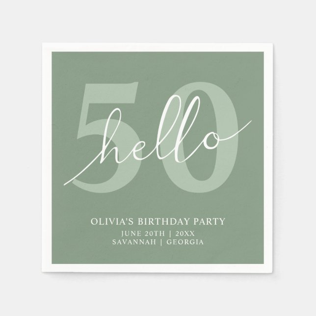 Hello 50 | Modern Simple Sage Green 50th Birthday  Napkin (Front)