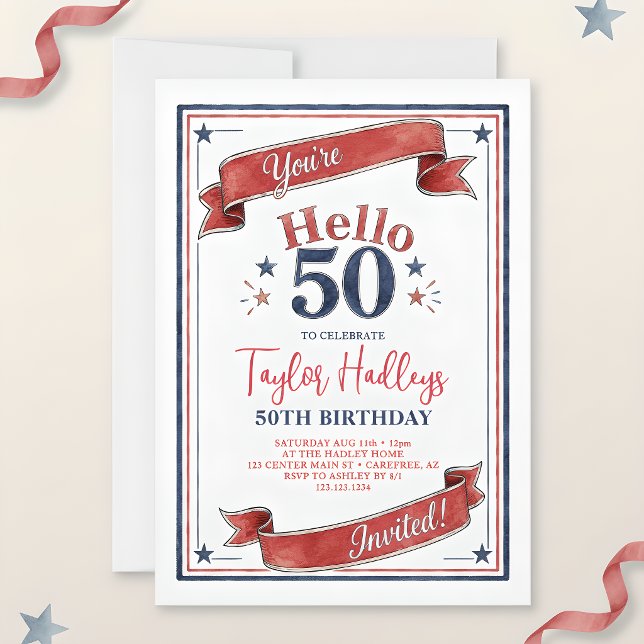 Hello 50 Patriotic 50th Birthday Invitation (Creator Uploaded)