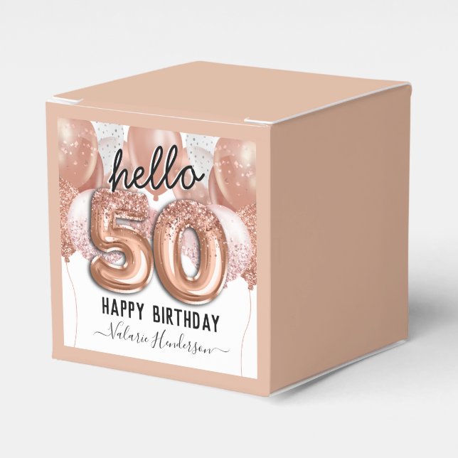 Hello 50 Pink Glitter Birthday Balloons Favour Box (Front Side)