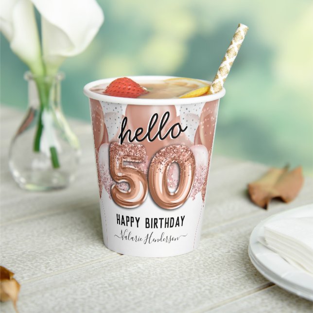Hello 50 Pink Glitter Birthday Balloons Paper Cups (Insitu)