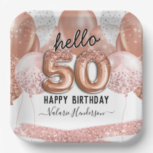 Hello 50 Pink Glitter Birthday Balloons Paper Plate