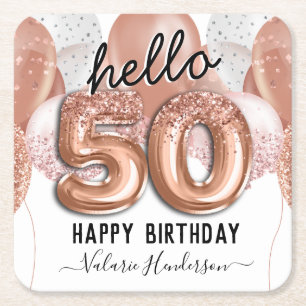Hello 50 Pink Glitter Birthday Balloons Square Paper Coaster