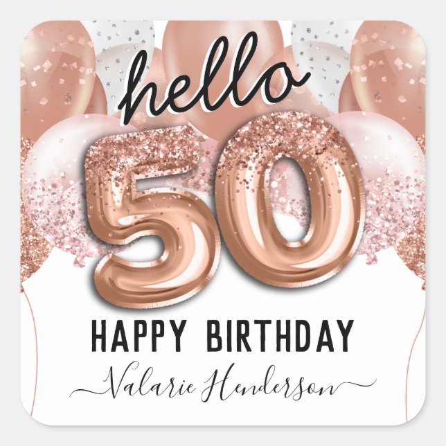Hello 50 Pink Glitter Birthday Balloons Square Sticker (Front)